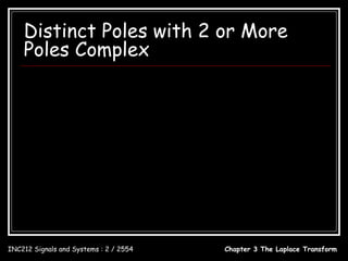 Distinct Poles with 2 or More
    Poles Complex
                        c1     c1     c3         cN
              X (s) =       +      +       ++
                      s − p1 s − p1 s − p3     s − pN


       x(t ) = c1e      p1t
                              + c1e     p1t
                                              + c3e p3t +  + c N e p N t
                                              σt
      c1e   p1t
                  + c1e   p1t
                                   = 2 c1 e cos(ωt + ∠c1 )
                              σt
       x(t ) = 2 c1 e cos(ωt + ∠c1 ) + c3e                      p3 t
                                                                       +  + cN e    pN t




INC212 Signals and Systems : 2 / 2554                         Chapter 3 The Laplace Transform
 