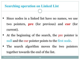 Searching operation on Linked List
14
Daata Structure & Algorithm
 Since nodes in a linked list have no names, we use
two pointers, pre (for previous) and cur (for
current).
 At the beginning of the search, the pre pointer is
null and the cur pointer points to the first node.
 The search algorithm moves the two pointers
together towards the end of the list.
 