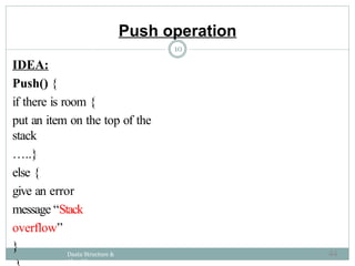IDEA:
Push() {
if there is room {
put an item on the top of the
stack
…..}
else {
give an error
message “Stack
overflow”
} Daata Structure &
Algorithm
Push operation
10
44
 