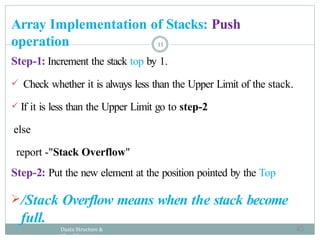 Array Implementation of Stacks: Push
operation
Daata Structure &
Algorithm
Step-1: Increment the stack top by 1.
 Check whether it is always less than the Upper Limit of the stack.
 If it is less than the Upper Limit go to step-2
else
report -"Stack Overflow"
Step-2: Put the new element at the position pointed by the Top
/Stack Overflow means when the stack become
full.
11
45
 