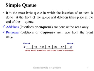 Simple Queue
• It is the most basic queue in which the insertion of an item is
done at the front of the queue and deletion takes place at the
end of the queue.
 Additions (insertions or enqueue) are done at the rear only
 Removals (deletions or dequeue) are made from the front
only.
3
Daata Structure & Algorithm 64
 