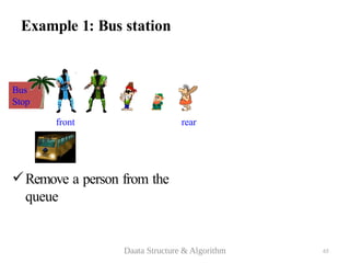 Example 1: Bus station
Remove a person from the
queue
Bus
Stop
front
rear
rear rear rear rear
Daata Structure & Algorithm 65
 