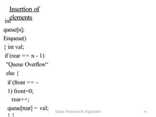 84
Insertion of
elements
int
queue[n];
Enqueue()
{ int val;
if (rear == n - 1)
"Queue Overflow“
else {
if (front == -
1) front=0;
rear++;
queue[rear] = val; Daata Structure & Algorithm
 