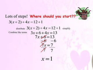 Lots of steps! Where should you start??
 3( x 2) 4 x 12 1
      distribute   3( x 2) 4 x 12 1   simplify
 Combine like terms   3x 6 4x 13
                   7x 6 13
                      6   6
                     7x 7
                      7 7

                      x 1
 