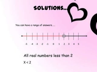 Solutions….

You can have a range of answers……




        -5   -4   -3   -2   -1   0   1   2   3   4   5




      All real numbers less than 2
      X<2
 