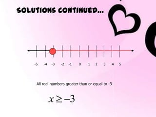 Solutions continued…




    -5   -4   -3   -2   -1   0     1   2    3   4   5




     All real numbers greater than or equal to -3



              x         3
 