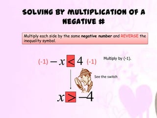 When you multiply or divide each side of
an inequality by a negative number, you
must reverse the inequality symbol to
mai...