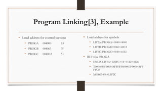 Program Linking[3], Example
• Load address for control sections
• PROGA 004000 63
• PROGB 004063 7F
• PROGC 0040E2 51
• Load address for symbols
• LISTA: PROGA+0040=4040
• LISTB: PROGB+0060=40C3
• LISTC: PROGC+0030=4112
• REF4 in PROGA
• ENDA-LISTA+LISTC=14+4112=4126
• T0000540F000014FFFFF600003F000014FF
FFC0
• M00005406+LISTC
 