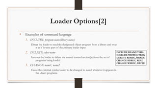 Loader Options[2]
• Examples of command language
1. INCLUDE program-name(library-name)
Direct the loader to read the designated object program from a library and treat
it as if it were part of the primary loader input
2. DELETE csdect-name
Instruct the loader to delete the named control section(s) from the set of
programs being loaded
3. CHANGE name1, name2
Cause the external symbol name1 to be changed to name2 wherever it appears in
the object programs
INCLUDE READ(UTLIB)
INCLUDE WRITE(UTLIB)
DELETE RDREC, WRREC
CHANGE RDREC, READ
CHANGE WRREC, WRITE
 