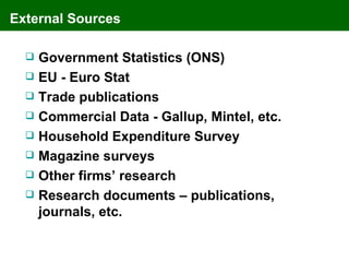 External Sources

     Government Statistics (ONS)
     EU - Euro Stat
     Trade publications
     Commercial Data - Gallup, Mintel, etc.
     Household Expenditure Survey
     Magazine surveys
     Other firms’ research
     Research documents – publications,
      journals, etc.
 