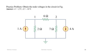 Practice Problem: Obtain the node voltages in the circuit in Fig.
Answer: v1 = -2 V, v2 = -14 V.
Debretabor University
Methods of Analysis 14
 