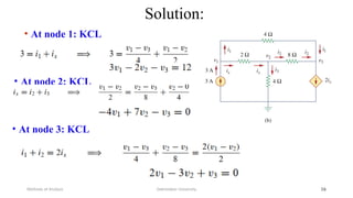 Solution:
• At node 1: KCL
Debretabor University
Methods of Analysis 16
• At node 2: KCL
• At node 3: KCL
 