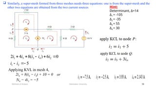 Debretabor University
Methods of Analysis 38
 Similarly, a super-mesh formed from three meshes needs three equations: one is from the super-mesh and the
other two equations are obtained from the two current sources
0
10
2
)
(
8
5
0
6
)
(
8
4
2
4
4
3
4
3
2
2
1
2
4
3
3
1















i
i
i
i
i
i
i
i
i
i
i
i
i
Applying KVL in mesh 4,
2i4 + 8(i4 − i3) + 10 = 0 or
5i4 − 4i3 = −5
Hint:
Determinant, Δ=14
Δ1 = -105
Δ2 = -35
Δ3 = 55
Δ4 = 30
 