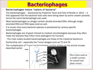    Bacteriophages means “eaters of bacteria”
    The bacteriophages – discovered by Frederick Twort and Felix d’Herelle in 1915 – it
    first appeared that the bacterial host cells were being eaten by some unseen parasite,
    hence the name bacteriophage was used.
   Most bacteriophages (or phage) contain double-stranded DNA, although single-
    stranded DNA and RNA types exist as well.
   It is known that every bacterial species is parasitized by various specific
    bacteriophages.
   Bacteriophages are of great interest to medical microbiologists because they often
    make the bacteria they infect more pathogenic for humans.
    - The most widely studied bacteriophages are those of the intestinal bacterium
    Escherichia coli— especially the T-even phages such as T2 and T4
   The multiplication of T-even bacteriophages -similar stages as the animal viruses
    described earlier

                                                                     Have been used as
                                                                     a model systems
                                                                     for animal and
                                                                     plant viruses
 