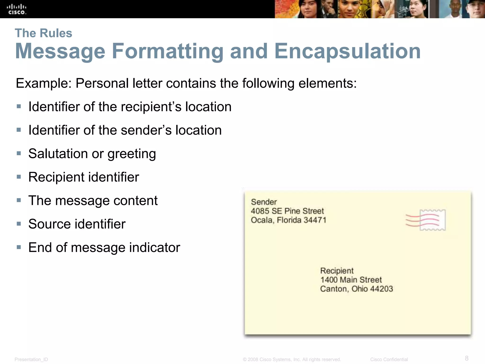 Presentation_ID 8© 2008 Cisco Systems, Inc. All rights reserved. Cisco Confidential
The Rules
Message Formatting and Encapsulation
Example: Personal letter contains the following elements:
 Identifier of the recipient’s location
 Identifier of the sender’s location
 Salutation or greeting
 Recipient identifier
 The message content
 Source identifier
 End of message indicator
 