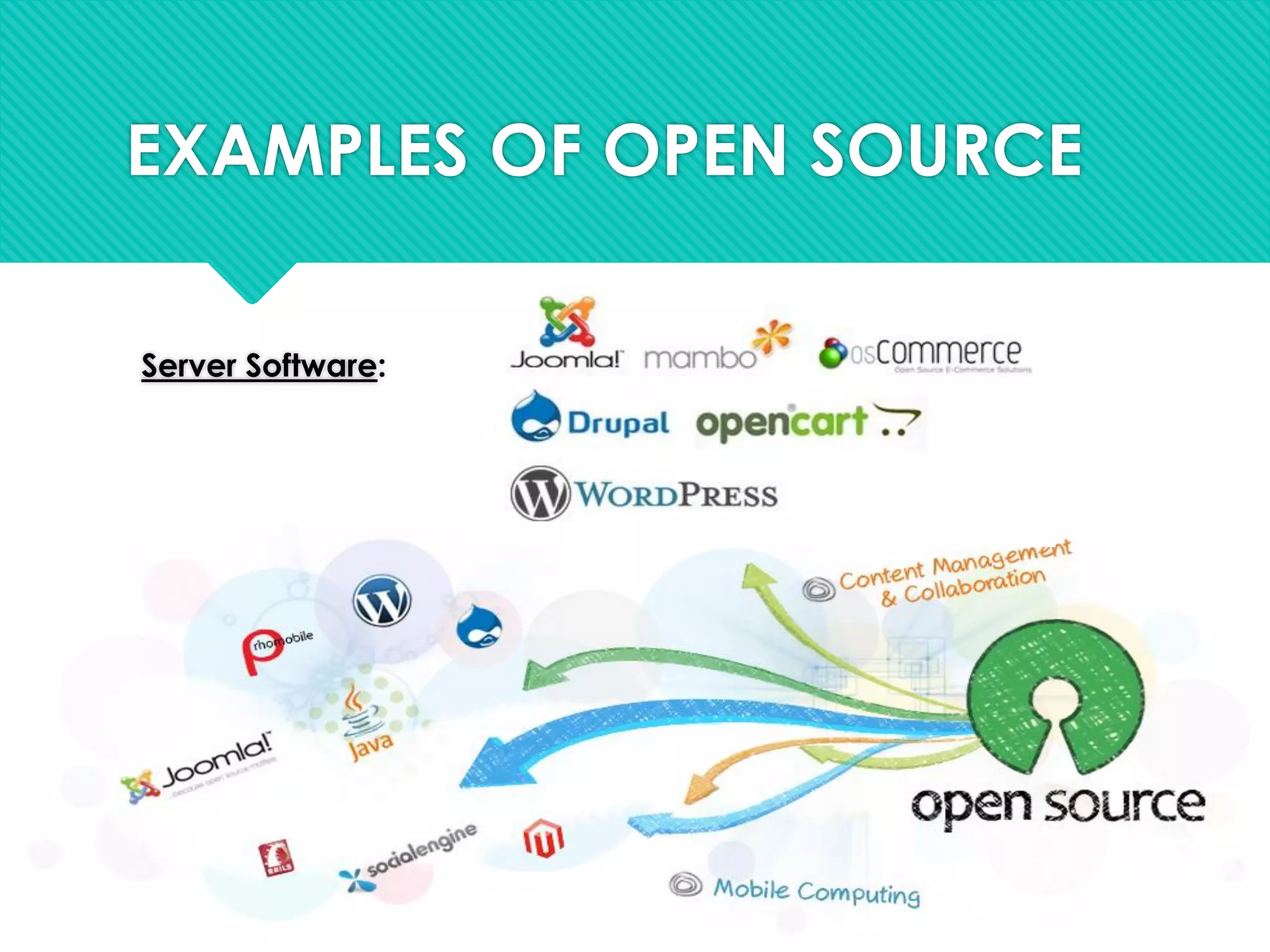 EXAMPLES OF OPEN SOURCE
Server Software:
 