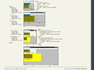 Fundamentals of Web DevelopmentRandy Connolly and Ricardo Hoar Fundamentals of Web DevelopmentRandy Connolly and Ricardo Hoar
<body>
<div class="pixels">
Pixels - 200px by 50 px
</div>
<div class="percent">
Percent - 50% of width and height
</div>
</body>
<body>
<div class="parentFixed">
<strong>parent has fixed size</strong>
<div class="percent">
PERCENT - 50% of width and height
</div>
</div>
<div class="parentRelative">
<strong>parent has relative size</strong>
<div class="percent">
PERCENT - 50% of width and height
</div>
</div>
</body>
<style>
html,body {
margin:0;
width:100%;
height:100%;
background: silver;
}
.pixels {
width:200px;
height:50px;
background: teal;
}
.percent {
width:50%;
height:50%;
background: olive;
}
.parentFixed {
width:400px;
height:150px;
background: beige;
}
.parentRelative {
width:50%;
height:50%;
background: yellow;
}
</style>
50%
50%
50%
50%
50%
50%
50% 50%
50% of parent (= 200px)
50% of parent (= 200px)
50% 50%
50% of parent
 