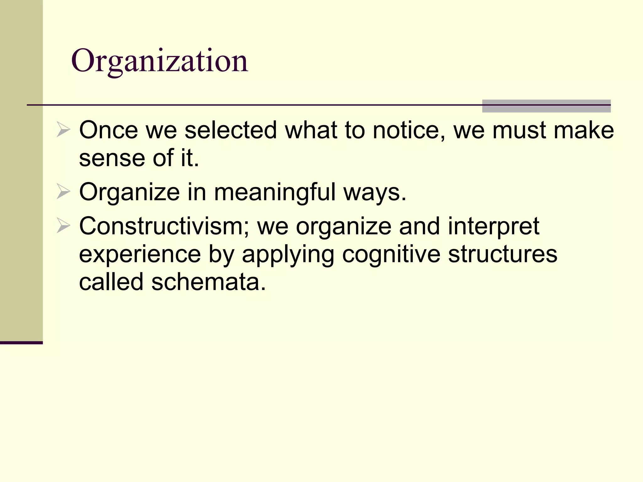 Organization  Once we selected what to notice, we must make sense of it.  Organize in meaningful ways. Constructivism; we organize and interpret experience by applying cognitive structures called schemata.  