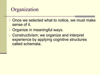 Organization  Once we selected what to notice, we must make sense of it.  Organize in meaningful ways. Constructivism; we organize and interpret experience by applying cognitive structures called schemata.  