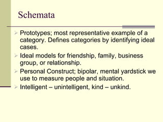 Schemata Prototypes; most representative example of a category. Defines categories by identifying ideal cases.  Ideal models for friendship, family, business group, or relationship.  Personal Construct; bipolar, mental yardstick we use to measure people and situation.  Intelligent – unintelligent, kind – unkind. 