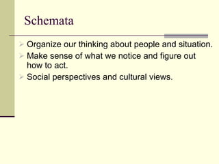 Schemata Organize our thinking about people and situation. Make sense of what we notice and figure out how to act. Social perspectives and cultural views. 