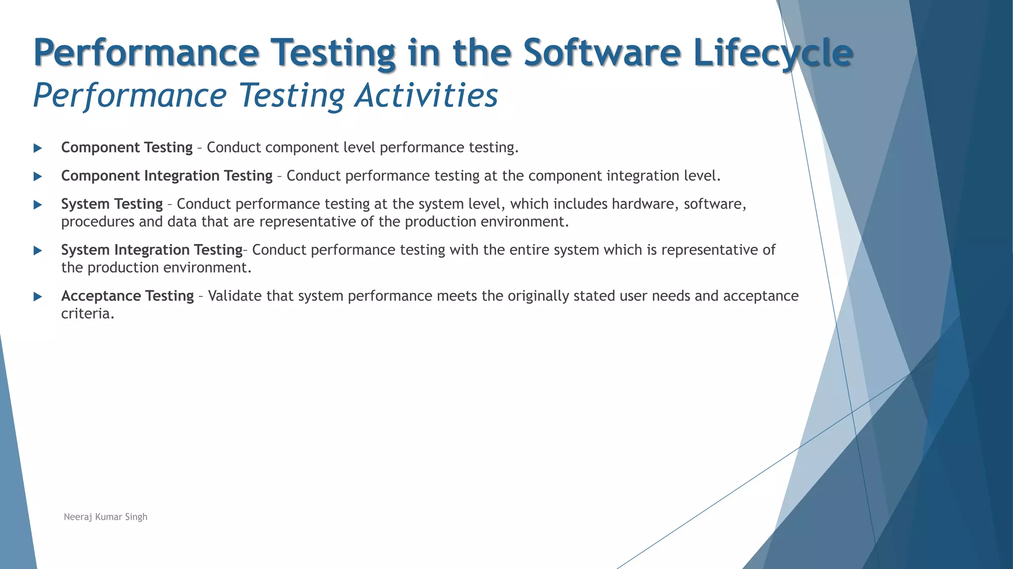 Performance Testing in the Software Lifecycle
Performance Testing Activities
 Component Testing – Conduct component level performance testing.
 Component Integration Testing – Conduct performance testing at the component integration level.
 System Testing – Conduct performance testing at the system level, which includes hardware, software,
procedures and data that are representative of the production environment.
 System Integration Testing– Conduct performance testing with the entire system which is representative of
the production environment.
 Acceptance Testing – Validate that system performance meets the originally stated user needs and acceptance
criteria.
Neeraj Kumar Singh
 