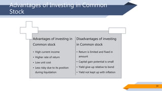 Advantages of Investing in Common
Stock
Advantages of investing in
Common stock
• High current income
• Higher rate of ret...