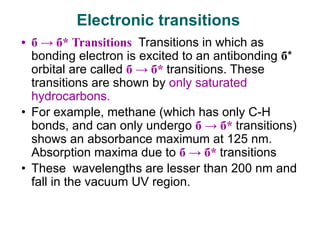 • б → б* Transitions Transitions in which as
bonding electron is excited to an antibonding б*
orbital are called б → б* transitions. These
transitions are shown by only saturated
hydrocarbons.
• For example, methane (which has only C-H
bonds, and can only undergo б → б* transitions)
shows an absorbance maximum at 125 nm.
Absorption maxima due to б → б* transitions
• These wavelengths are lesser than 200 nm and
fall in the vacuum UV region.
Electronic transitions
 