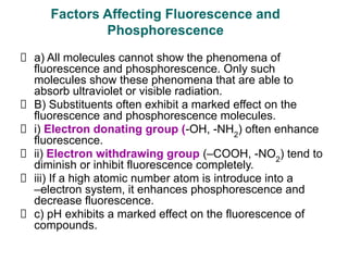 Factors Affecting Fluorescence and
Phosphorescence
a) All molecules cannot show the phenomena of
fluorescence and phosphorescence. Only such
molecules show these phenomena that are able to
absorb ultraviolet or visible radiation.
B) Substituents often exhibit a marked effect on the
fluorescence and phosphorescence molecules.
i) Electron donating group (-OH, -NH2
) often enhance
fluorescence.
ii) Electron withdrawing group (–COOH, -NO2
) tend to
diminish or inhibit fluorescence completely.
iii) If a high atomic number atom is introduce into a
–electron system, it enhances phosphorescence and
decrease fluorescence.
c) pH exhibits a marked effect on the fluorescence of
compounds.
 