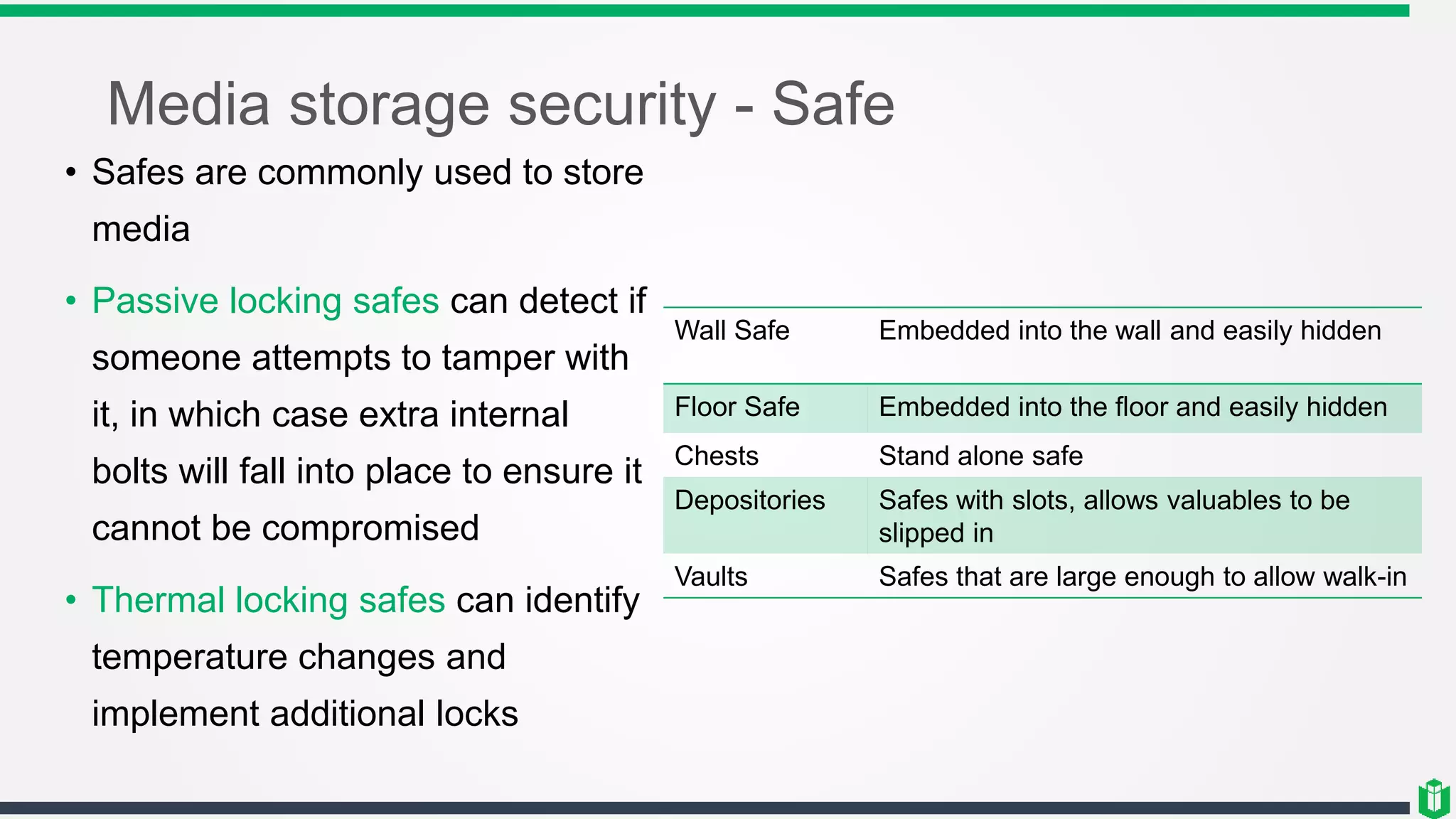 Media storage security - Safe
• Safes are commonly used to store
media
• Passive locking safes can detect if
someone attempts to tamper with
it, in which case extra internal
bolts will fall into place to ensure it
cannot be compromised
• Thermal locking safes can identify
temperature changes and
implement additional locks
Wall Safe Embedded into the wall and easily hidden
Floor Safe Embedded into the floor and easily hidden
Chests Stand alone safe
Depositories Safes with slots, allows valuables to be
slipped in
Vaults Safes that are large enough to allow walk-in
 