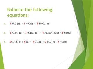 Balance the following
equations:
1. 1 N2O3(s) + 1 H2O(l)  2 HNO2 (aq)
2. 2 AlBr3(aq) + 3 H2SO4(aq)  1 Al2(SO4)3(aq) + 6 HBr(s)
3. 2C2H3Cl(l) + 5 O2  4 CO2(g) + 2 H2O(g) + 2 HCl(g)
 