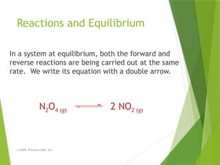 Reactions and Equilibrium
In a system at equilibrium, both the forward and
reverse reactions are being carried out at the same
rate. We write its equation with a double arrow.
© 2009, Prentice-Hall, Inc.
N2O4 (g) 2 NO2 (g)
 