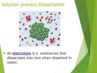 © 2009, Prentice-Hall, Inc.
Solution process:Dissociation
 An electrolyte is a substances that
dissociates into ions when dissolved in
water.
 