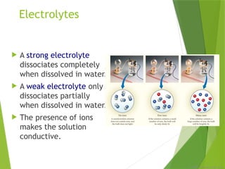 © 2009, Prentice-Hall, Inc.
Electrolytes
 A strong electrolyte
dissociates completely
when dissolved in water.
 A weak electrolyte only
dissociates partially
when dissolved in water.
 The presence of ions
makes the solution
conductive.
 