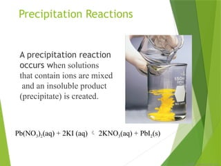© 2009, Prentice-Hall, Inc.
Precipitation Reactions
A precipitation reaction
occurs when solutions
that contain ions are mixed
and an insoluble product
(precipitate) is created.
Pb(NO3)2(aq) + 2KI (aq)  2KNO3(aq) + PbI2(s)
 
