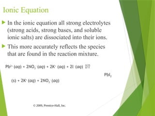 © 2009, Prentice-Hall, Inc.
Ionic Equation
 In the ionic equation all strong electrolytes
(strong acids, strong bases, and soluble
ionic salts) are dissociated into their ions.
 This more accurately reflects the species
that are found in the reaction mixture.
Pb2+
(aq) + 2NO3
-
(aq) + 2K+
(aq) + 2l-
(aq) 
PbI2
(s) + 2K+
(aq) + 2NO3
-
(aq)
 