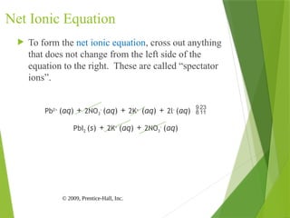 © 2009, Prentice-Hall, Inc.
Net Ionic Equation
 To form the net ionic equation, cross out anything
that does not change from the left side of the
equation to the right. These are called “spectator
ions”.
Pb2+
(aq) + 2NO3
-
(aq) + 2K+
(aq) + 2l-
(aq) 
PbI2 (s) + 2K+
(aq) + 2NO3
-
(aq)
 