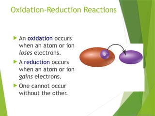 © 2009, Prentice-Hall, Inc.
Oxidation-Reduction Reactions
 An oxidation occurs
when an atom or ion
loses electrons.
 A reduction occurs
when an atom or ion
gains electrons.
 One cannot occur
without the other.
 
