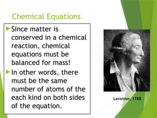 Chemical Equations
 Since matter is
conserved in a chemical
reaction, chemical
equations must be
balanced for mass!
 In other words, there
must be the same
number of atoms of the
each kind on both sides
of the equation.
Lavoisier, 1788
 