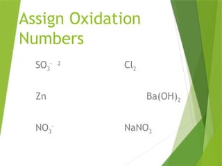 Assign Oxidation
Numbers
SO3
- 2
Cl2
Zn Ba(OH)2
NO3
-
NaNO3
 