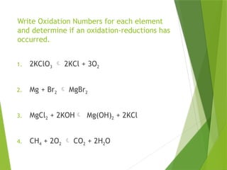 Write Oxidation Numbers for each element
and determine if an oxidation-reductions has
occurred.
1. 2KClO3  2KCl + 3O2
2. Mg + Br2  MgBr2
3. MgCl2 + 2KOH Mg(OH)2 + 2KCl
4. CH4 + 2O2  CO2 + 2H2O
 