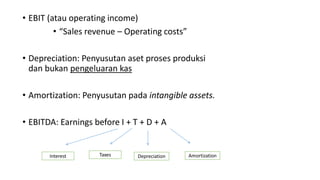 • EBIT (atau operating income)
• “Sales revenue – Operating costs”
• Depreciation: Penyusutan aset proses produksi
dan bukan pengeluaran kas
• Amortization: Penyusutan pada intangible assets.
• EBITDA: Earnings before I + T + D + A
Interest Taxes Depreciation Amortization
 