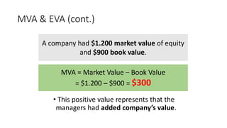 MVA & EVA (cont.)
• This positive value represents that the
managers had added company’s value.
A company had $1.200 market value of equity
and $900 book value.
MVA = Market Value – Book Value
= $1.200 – $900 = $300
 