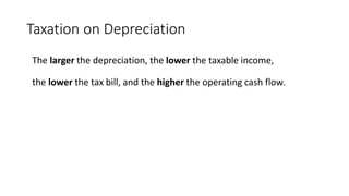 Taxation on Depreciation
The larger the depreciation, the lower the taxable income,
the lower the tax bill, and the higher the operating cash flow.
 