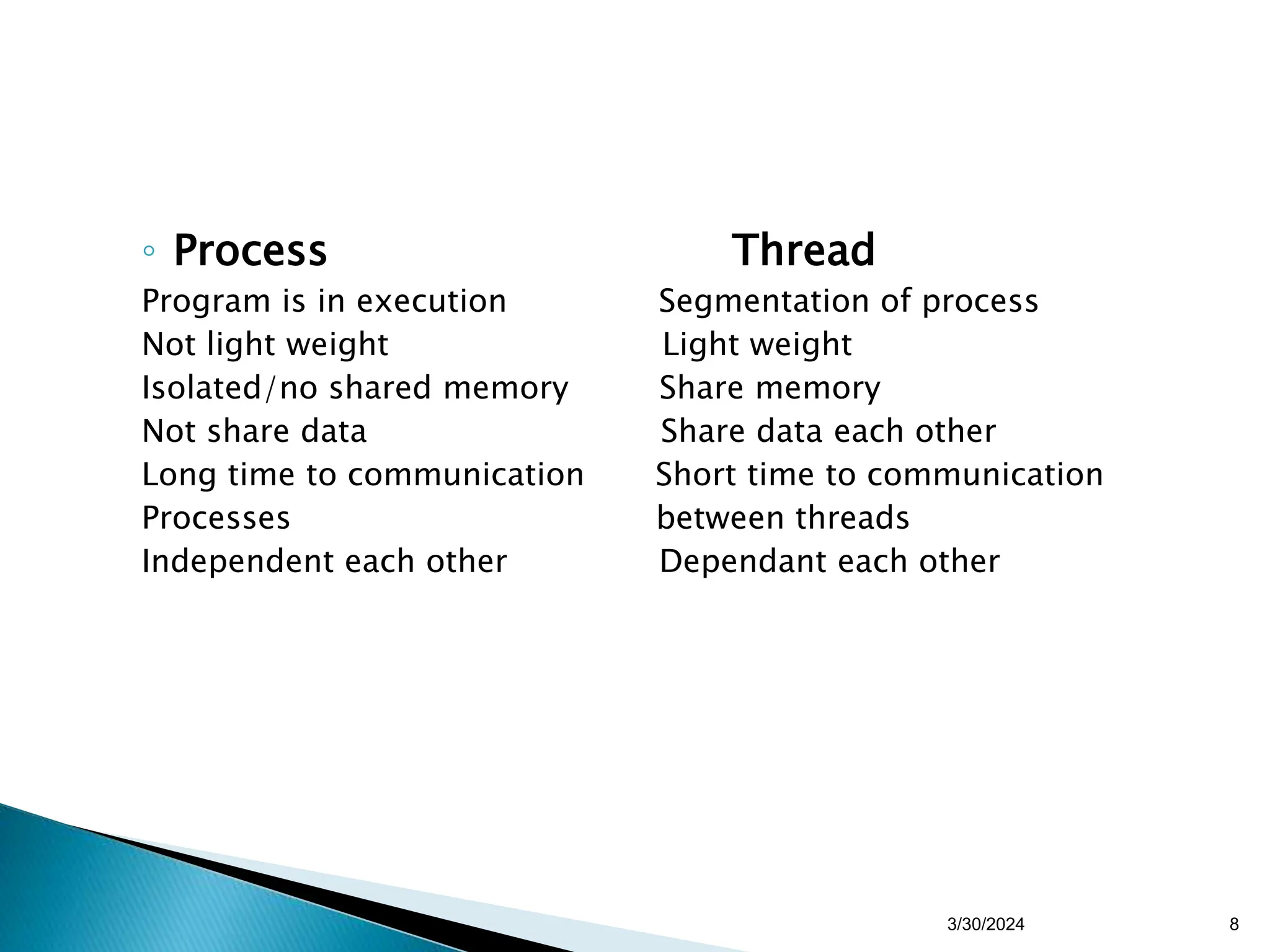 ◦ Process Thread
Program is in execution Segmentation of process
Not light weight Light weight
Isolated/no shared memory Share memory
Not share data Share data each other
Long time to communication Short time to communication
Processes between threads
Independent each other Dependant each other
3/30/2024 8
 