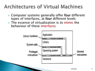  Computer systems generally offer four different
types of interfaces, at four different levels
 The essence of virtualization is to mimic the
behaviour of these interfaces
3/30/2024 17
 