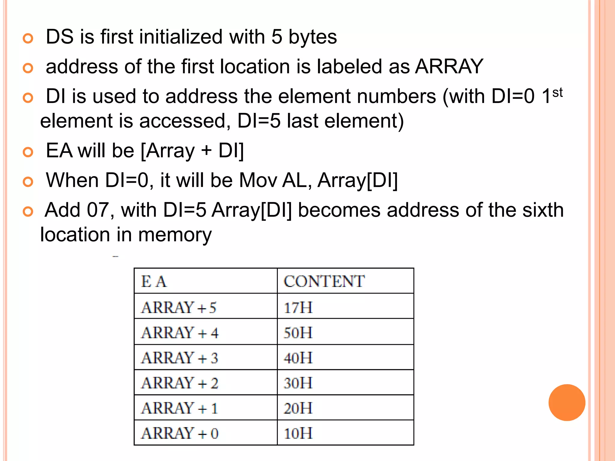  DS is first initialized with 5 bytes  address of the first location is labeled as ARRAY  DI is used to address the element numbers (with DI=0 1st element is accessed, DI=5 last element)  EA will be [Array + DI]  When DI=0, it will be Mov AL, Array[DI]  Add 07, with DI=5 Array[DI] becomes address of the sixth location in memory 