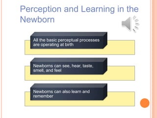Perception and Learning in the
Newborn
All the basic perceptual processes
are operating at birth
Newborns can see, hear, taste,
smell, and feel
Newborns can also learn and
remember
 