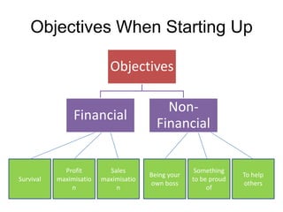 Objectives When Starting Up

                           Objectives

                                           Non-
                Financial
                                         Financial


             Profit        Sales                     Something
                                       Being your                 To help
Survival   maximisatio   maximisatio                to be proud
                                       own boss                   others
               n             n                           of
 