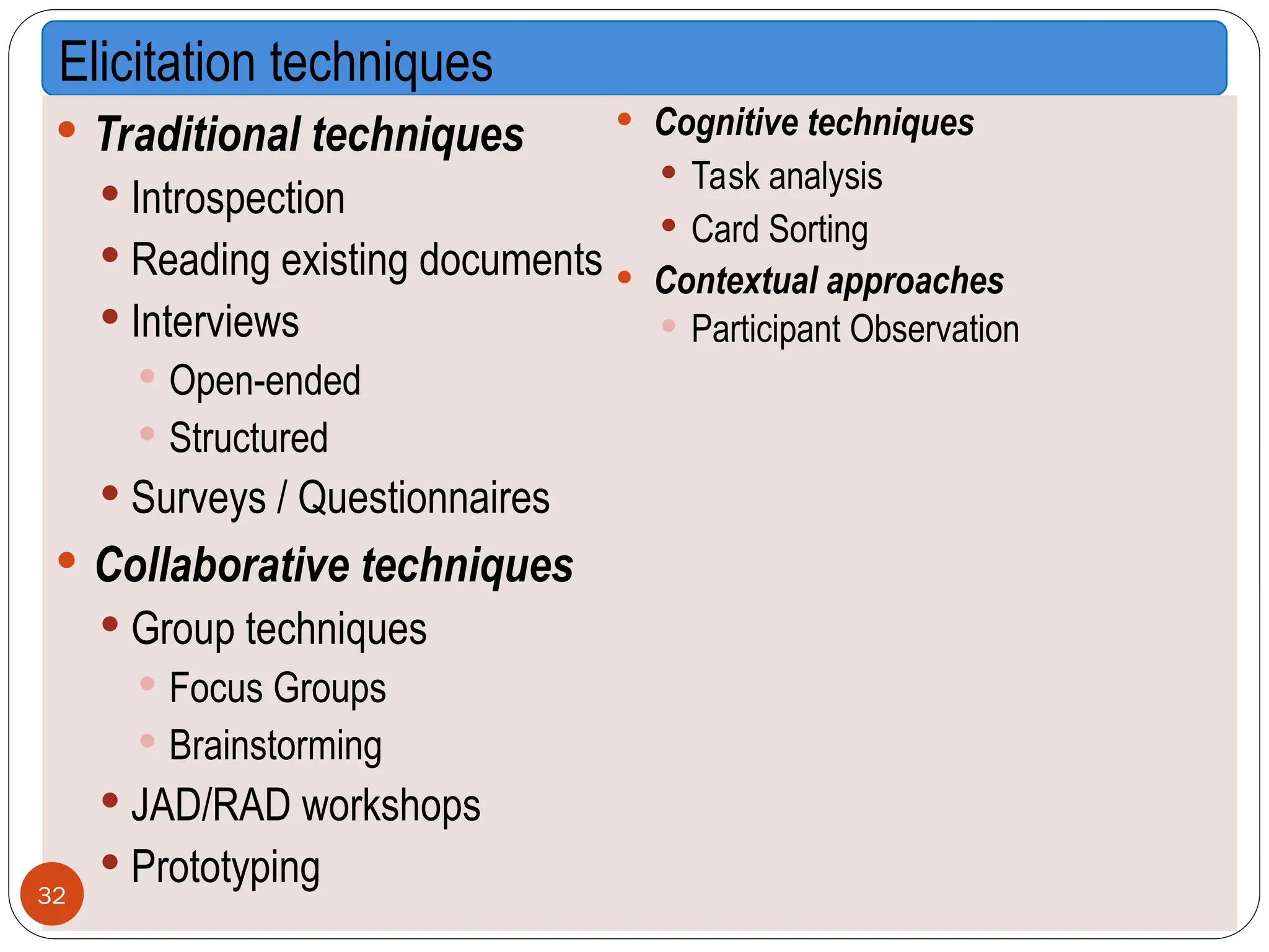 Elicitation techniques
 Traditional techniques
 Introspection
 Reading existing documents
 Interviews
 Open-ended
 Structured
 Surveys / Questionnaires
 Collaborative techniques
 Group techniques
 Focus Groups
 Brainstorming
 JAD/RAD workshops
 Prototyping
 Cognitive techniques
 Task analysis
 Card Sorting
 Contextual approaches
 Participant Observation
32
 